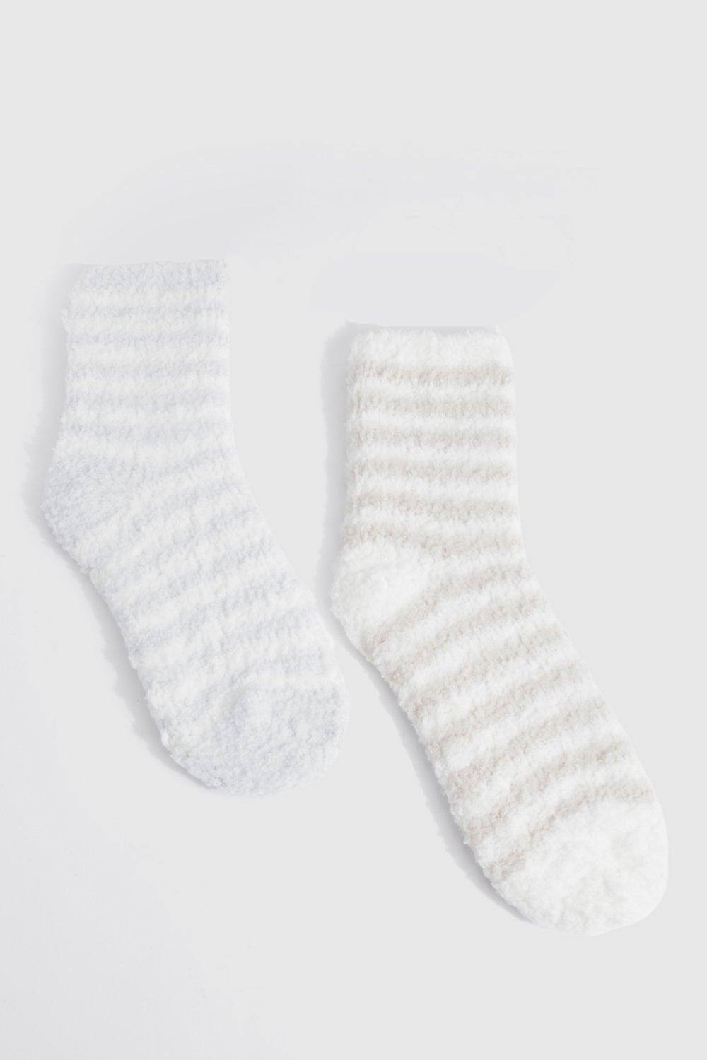 boohoo Women's Two Pack Stripe Fluffy Socks in Neutral by boohoo