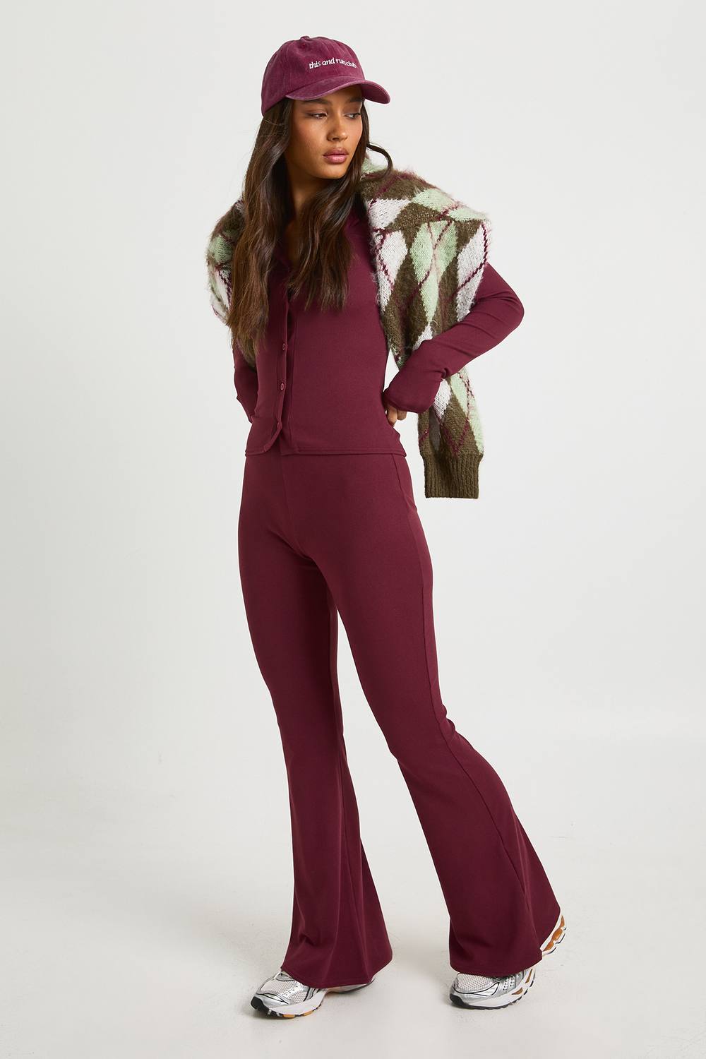 boohoo Women's Ultra Soft Flared Legging Pants in Burgundy by boohoo