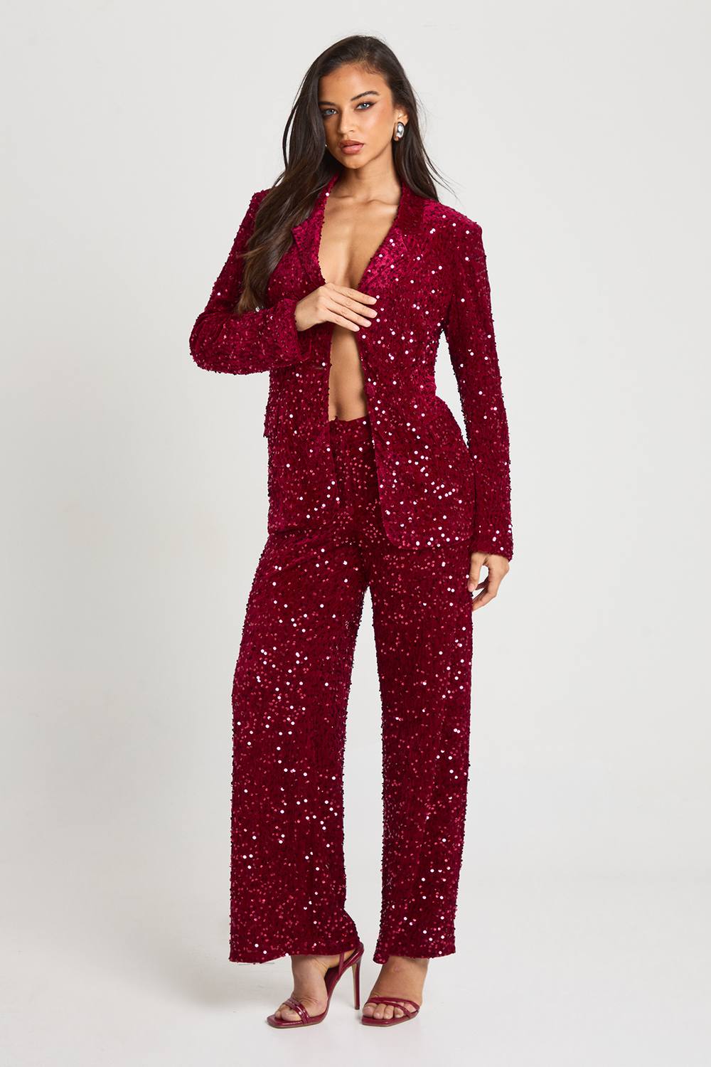 boohoo Women's Velvet Sequin Straight Leg Trousers in Burgundy by boohoo