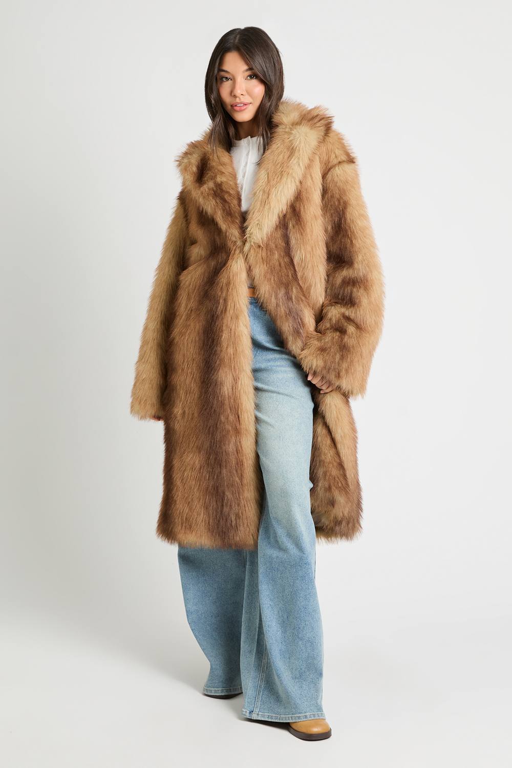 boohoo Women's Vintage Look Collared Faux Fur Maxi Jacket in Natural by boohoo
