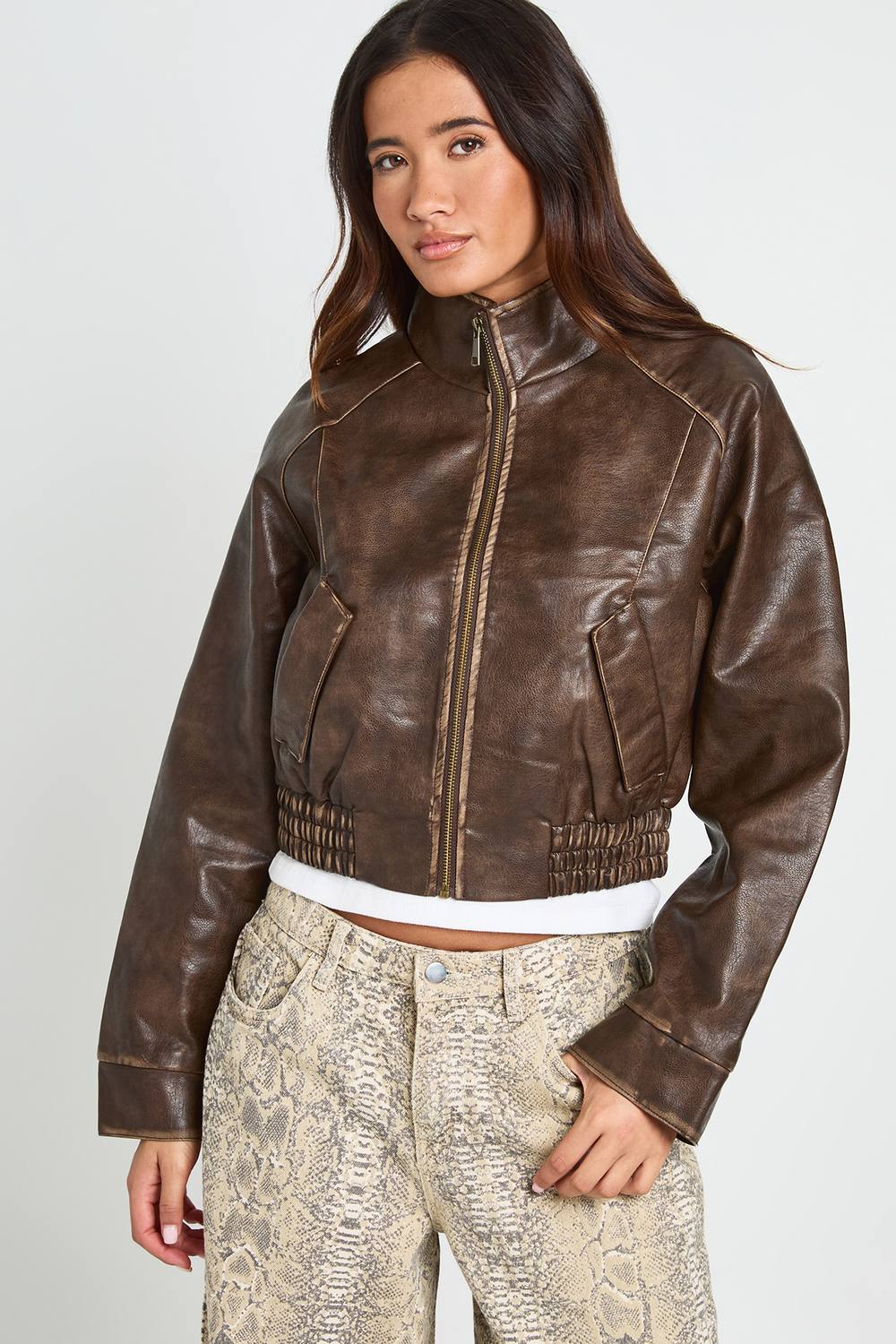 boohoo Women's Vintage Look Faux Leather Funnel Neck Bomber Jacket in Brown by boohoo