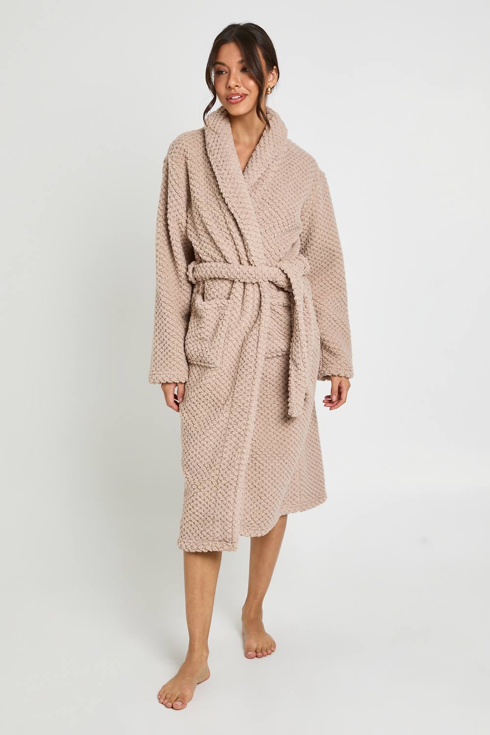 boohoo Women's Waffle Fleece Long Dressing Gown in Beige by boohoo
