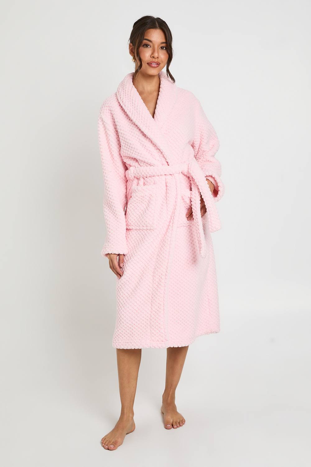 boohoo Women's Waffle Fleece Long Dressing Gown in Light Pink by boohoo
