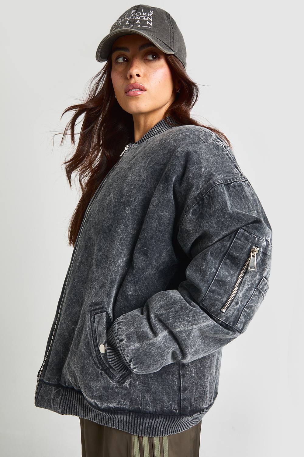 boohoo Women's Washed Look Oversized Bomber Jacket in Charcoal by boohoo