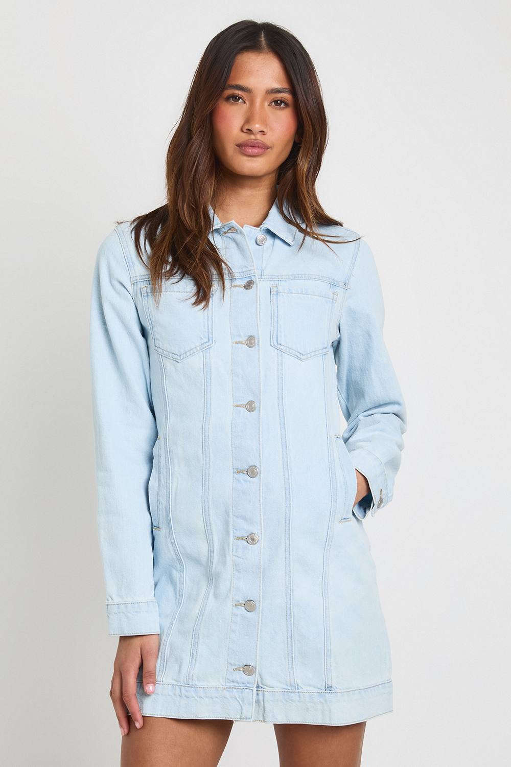 boohoo Women's Western Denim Mini Dress in Bleached Blue by boohoo