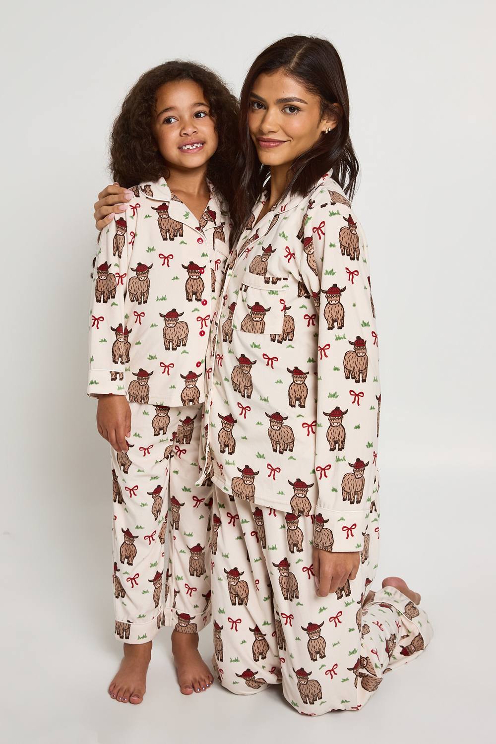 boohoo Women's Matching Family Baby Fleece Highland Cow Print Long Sleeve Shirt & Trousers Pyjama Set in Cream by boohoo