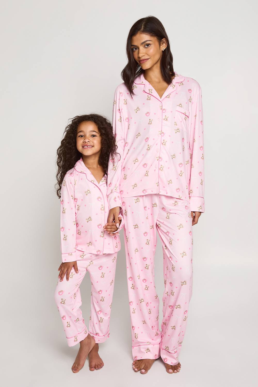 boohoo Women's Matching Family Super Soft Bear & Bow Print Long Sleeve Shirt & Trousers Pyjama Set in Light Pink by boohoo