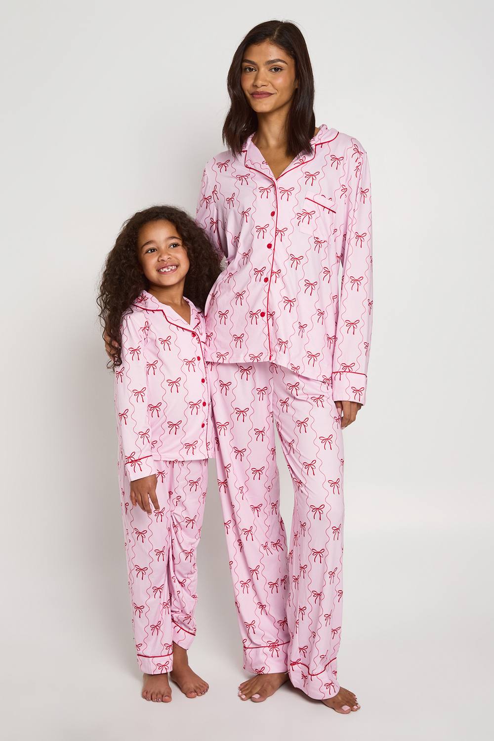 boohoo Women's Matching Family Super Soft Bow Print Long Sleeve Shirt & Trousers Pyjama Set in Pink by boohoo