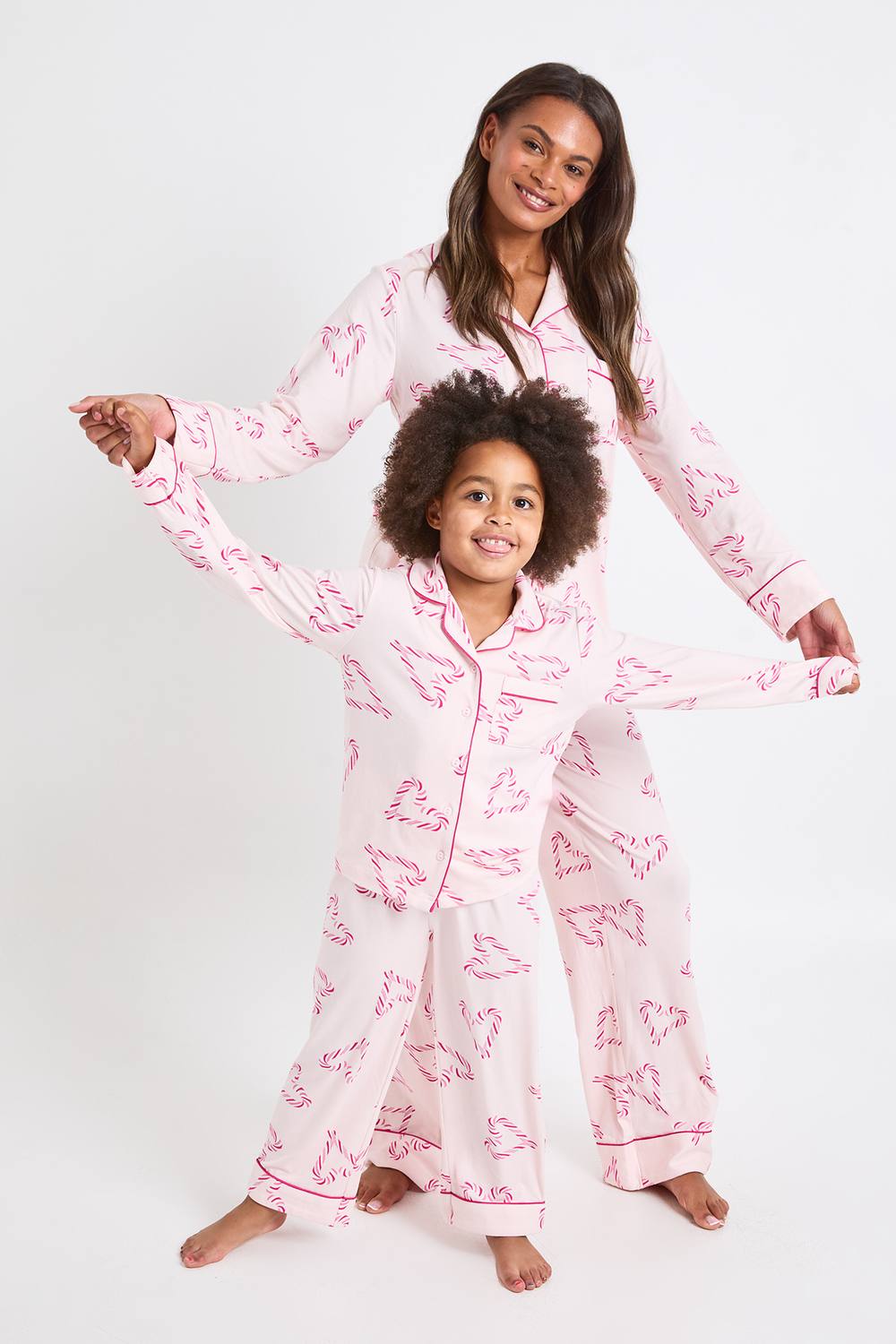 boohoo Women's Matching Family Super Soft Candy Cane Print Long Sleeve Shirt & Trousers Pyjama Set in Light Pink by boohoo
