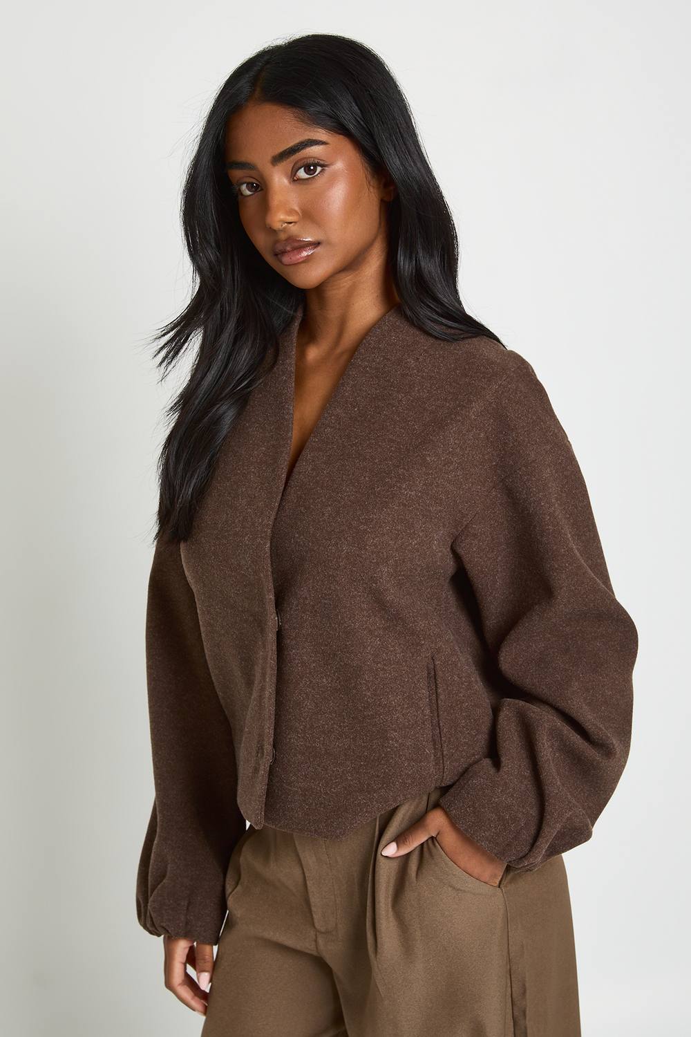 boohoo Women's Wool Look Blouson Sleeve Blazer in Brown by boohoo