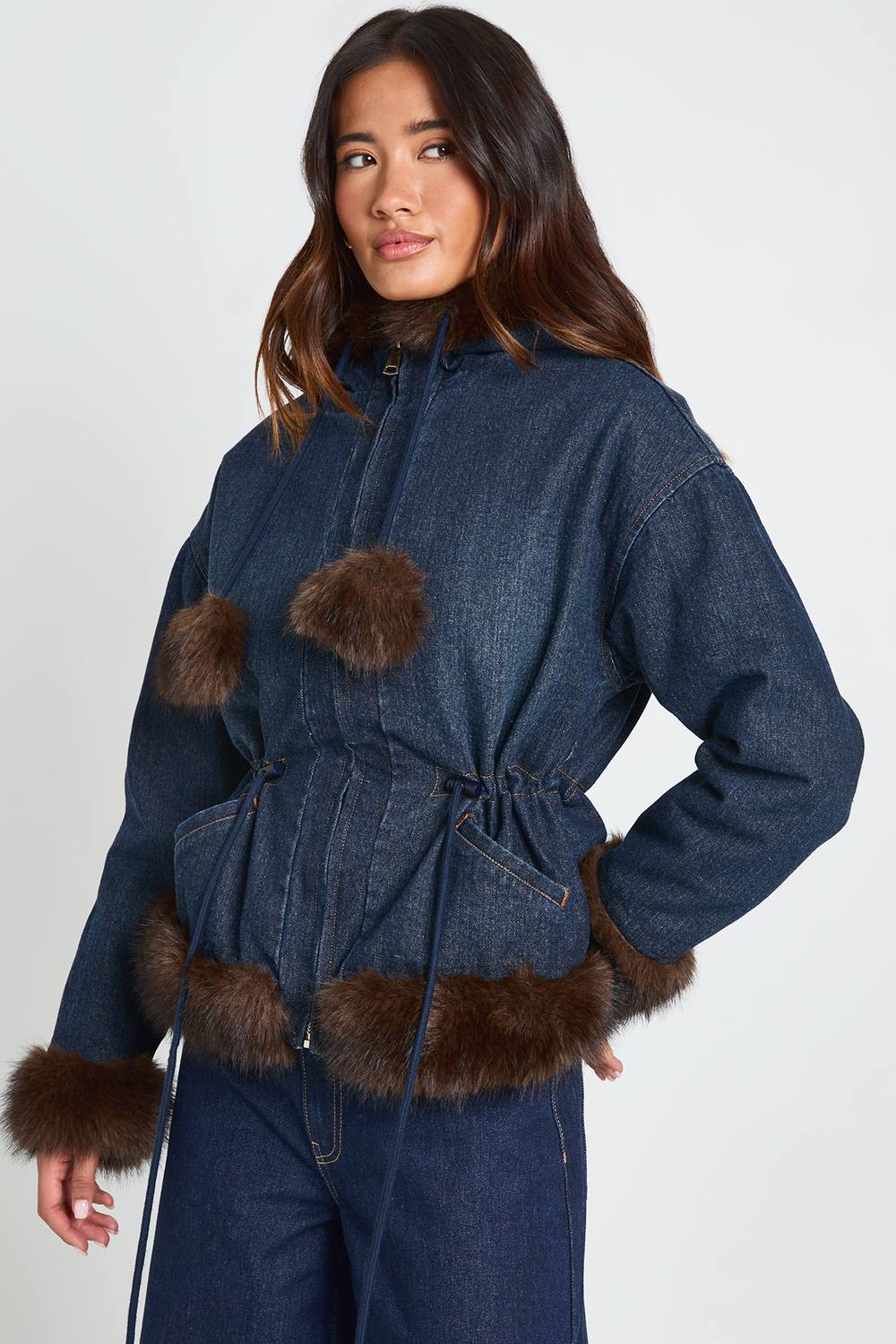 boohoo Women's Y2K Faux Fur Trim Denim Jacket With Pom Pom Detail in Dark Indigo by boohoo