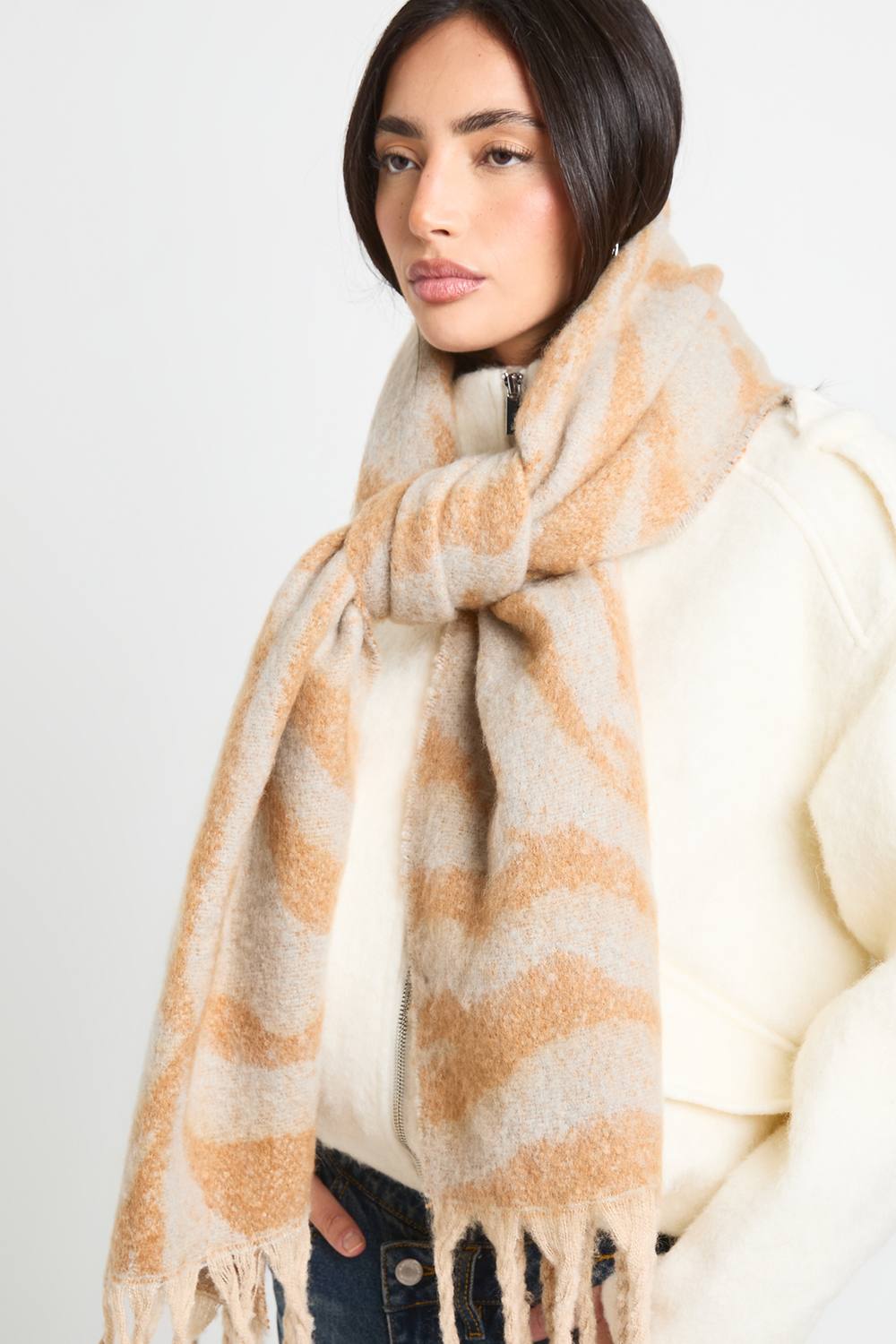 boohoo Women's Zebra Print Tassel Fluffy Scarf in Natural by boohoo