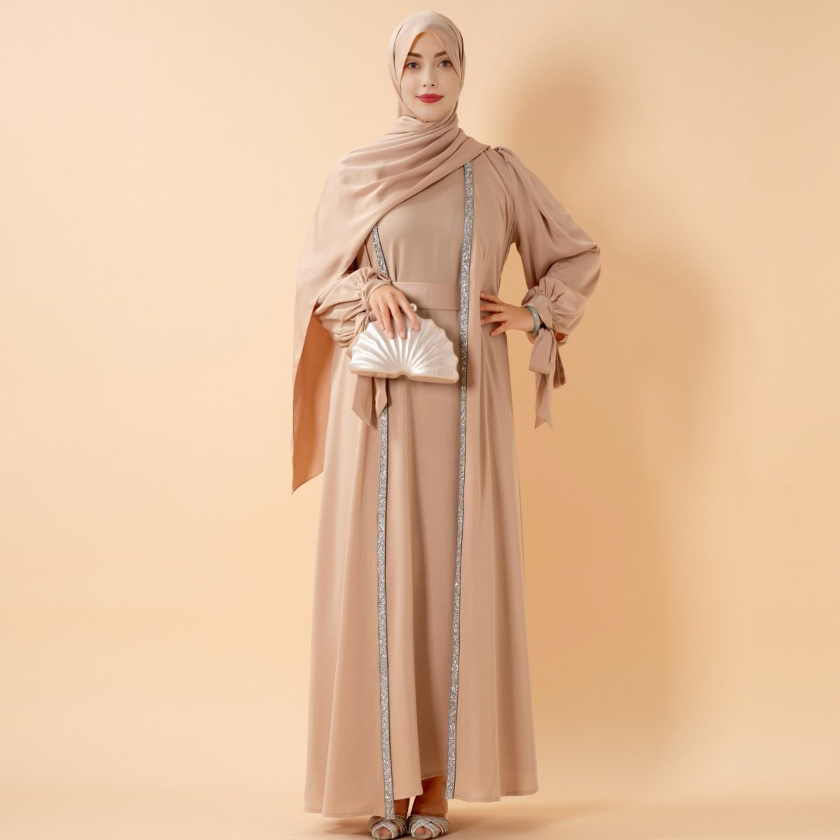Bow Tie Sleeve Abaya Set With Long-sleeve Inner Dress (MOA026), view 3