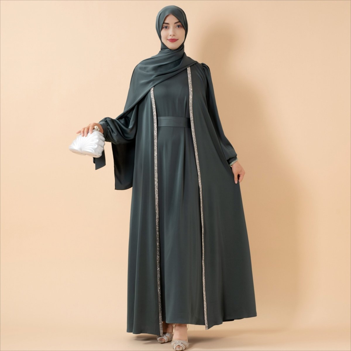 Bow Tie Sleeve Abaya Set With Long-sleeve Inner Dress (MOA026), view 4