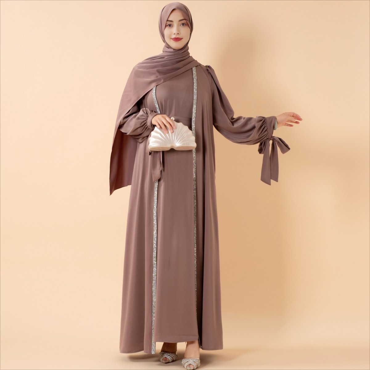Bow Tie Sleeve Abaya Set With Long-sleeve Inner Dress (MOA026), view 5