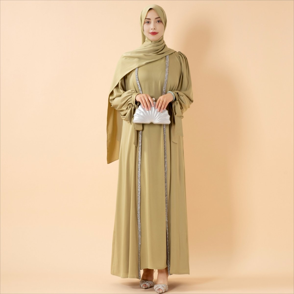 Bow Tie Sleeve Abaya Set With Long-sleeve Inner Dress (MOA026), view 6