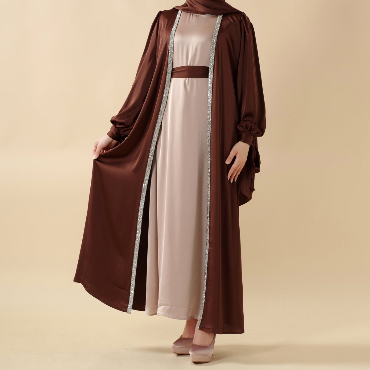 Bow Tie Sleeve Abaya Set With Long-sleeve Inner Dress (MOA026), view 7