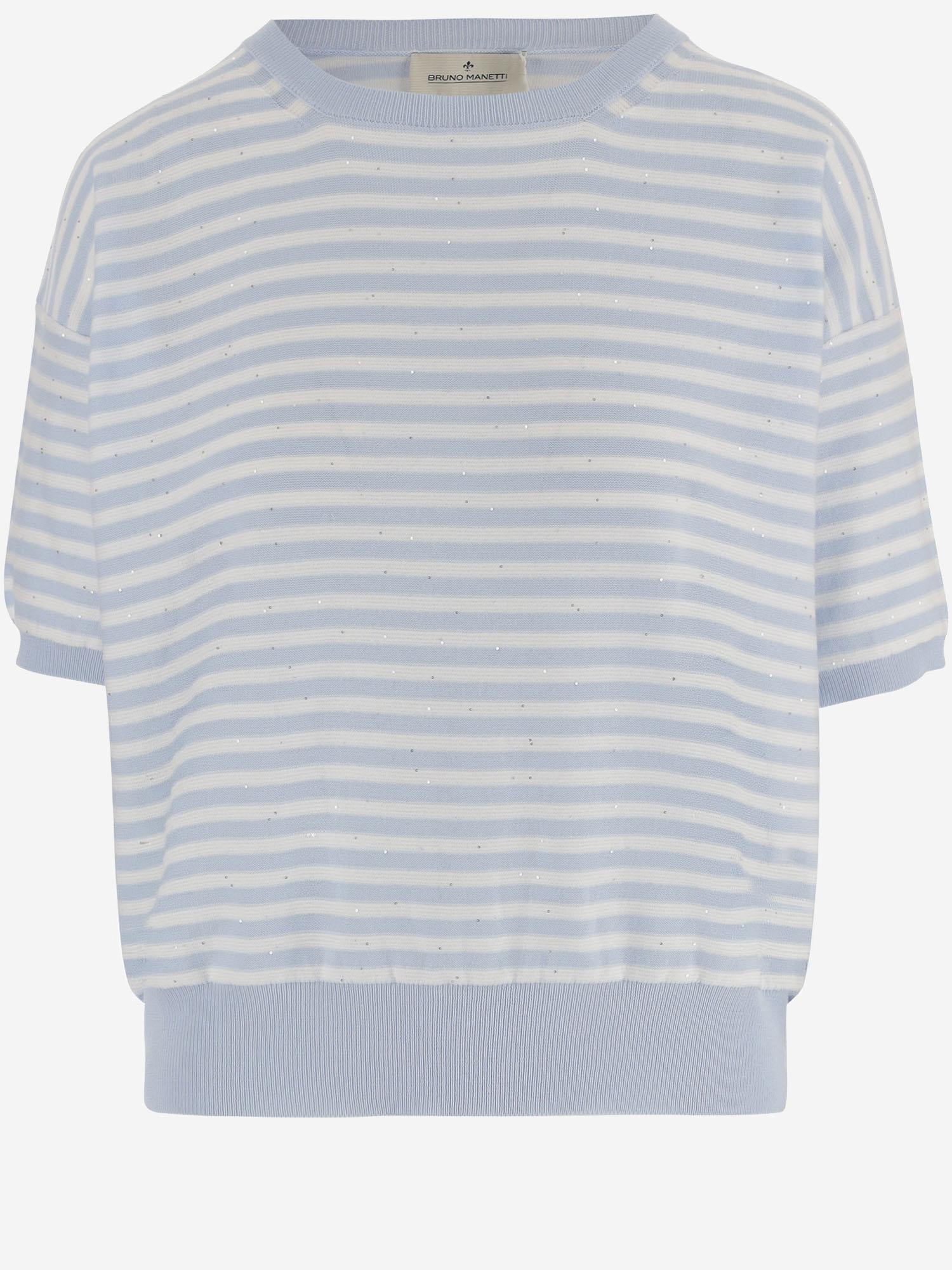 Bruno Manetti Striped Cotton Blend Sweater — Blue by Bruno Manetti