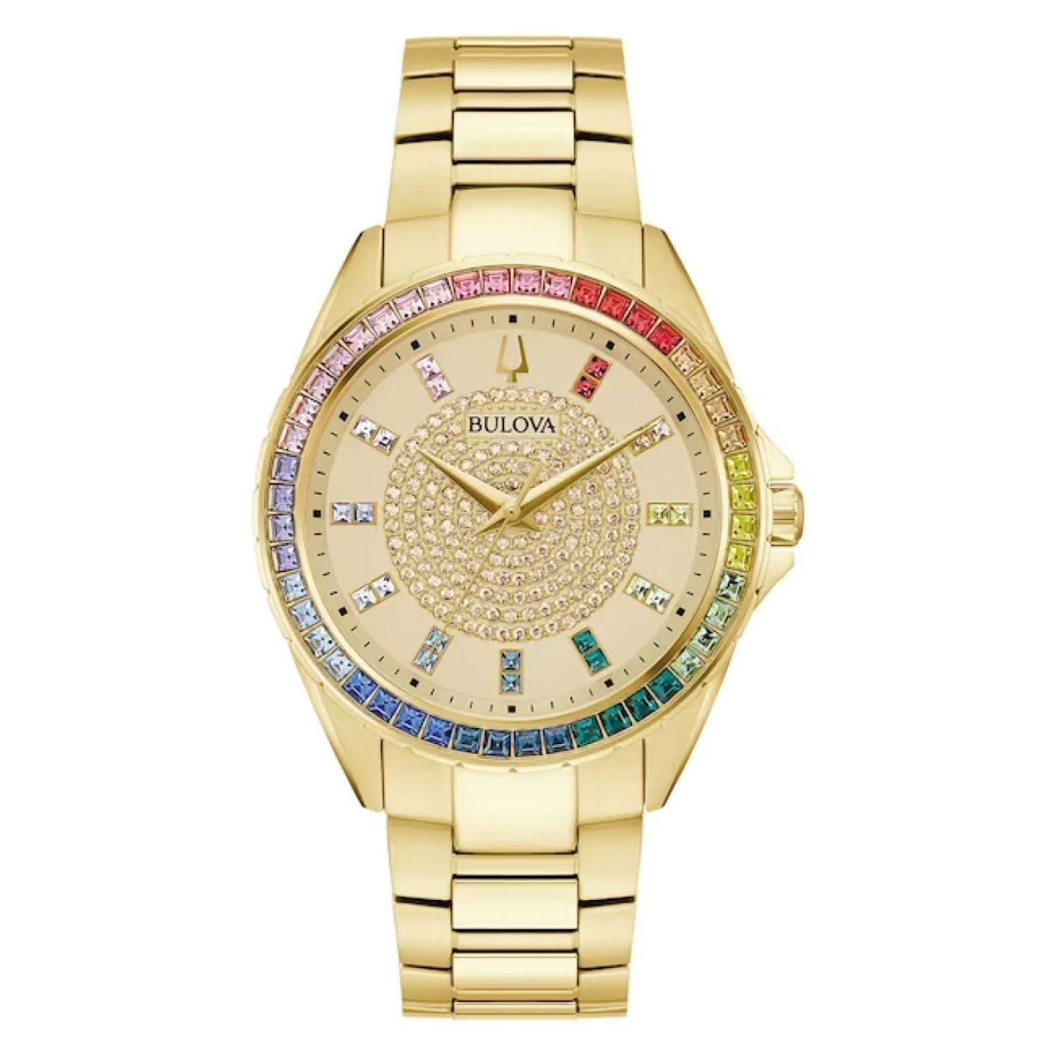 Bulova Crystal-Paved Rainbow Bezel Watch — Gold by Bulova