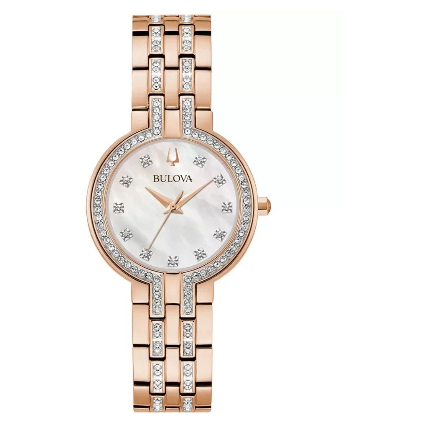 Bulova Crystal-Embellished White Dial Watch — Rose Gold by Bulova