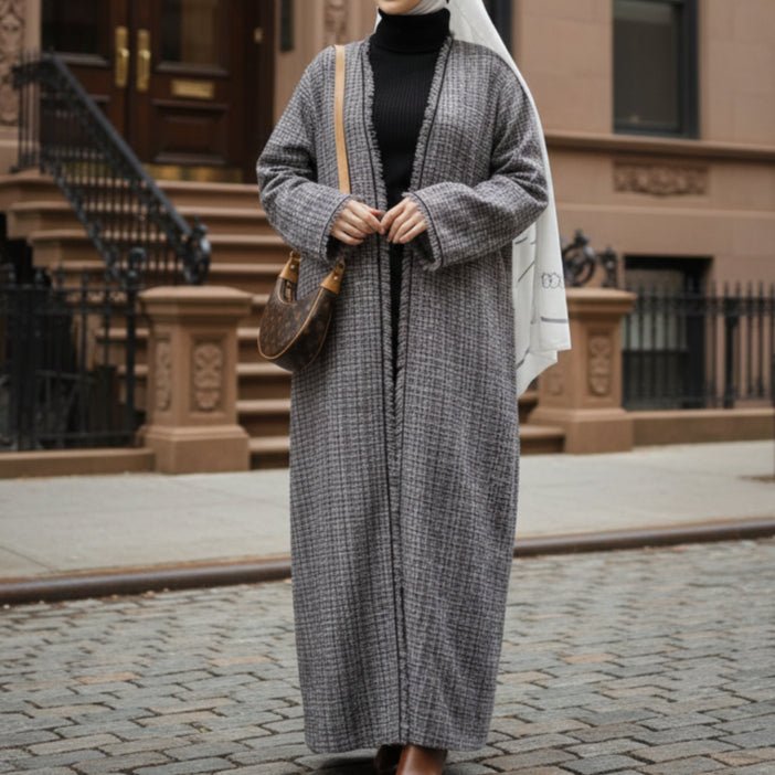 Plaid Tweed Open Abaya Coat with Fringe Details (MOA104) by Mariam's Collection