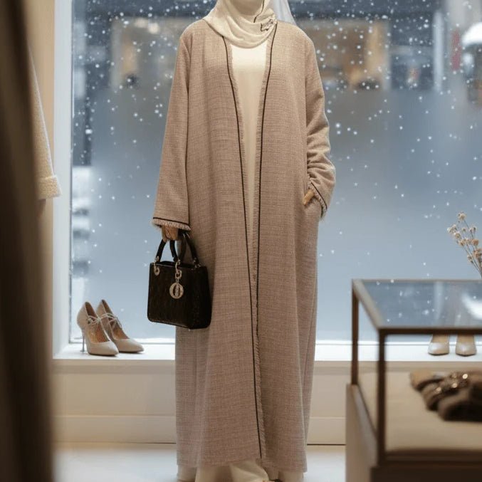 Plaid Tweed Open Abaya Coat with Fringe Details (MOA104), view 2