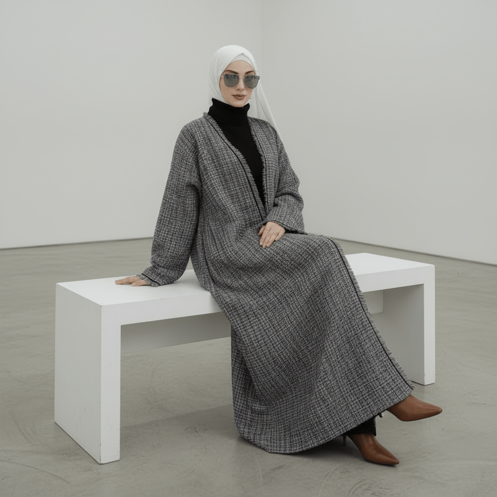Plaid Tweed Open Abaya Coat with Fringe Details (MOA104), view 3