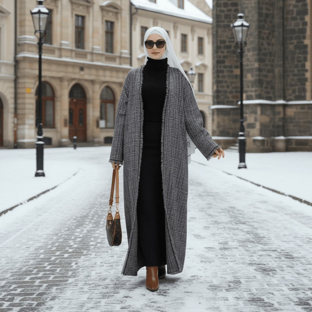 Plaid Tweed Open Abaya Coat with Fringe Details (MOA104), view 4