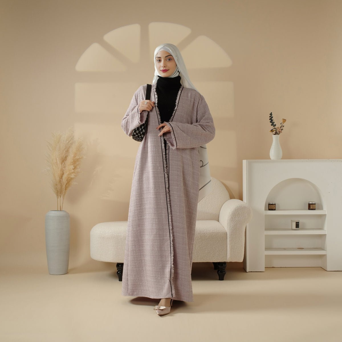 Plaid Tweed Open Abaya Coat with Fringe Details (MOA104), view 5
