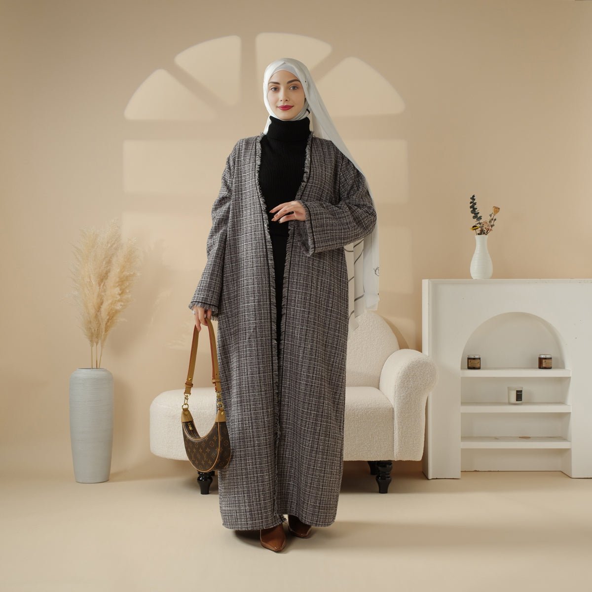 Plaid Tweed Open Abaya Coat with Fringe Details (MOA104), view 6