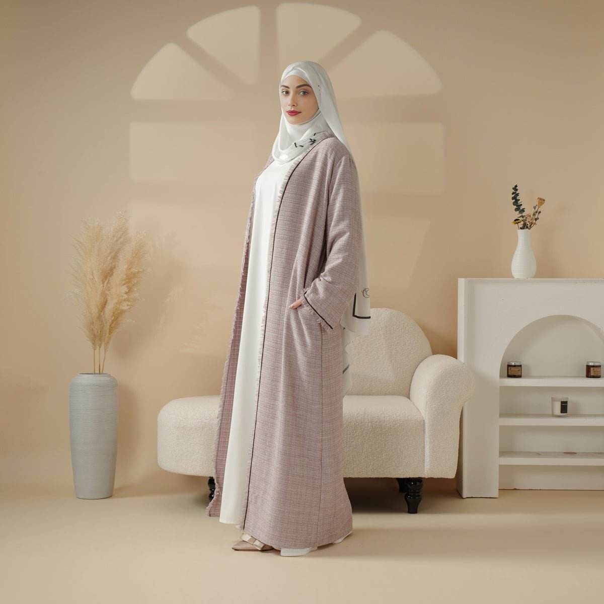 Plaid Tweed Open Abaya Coat with Fringe Details (MOA104), view 7