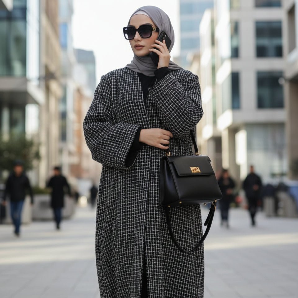 Classic Black White Cocoon Plaid Tweed Open Abaya Coat (MOA096) by Mariam's Collection