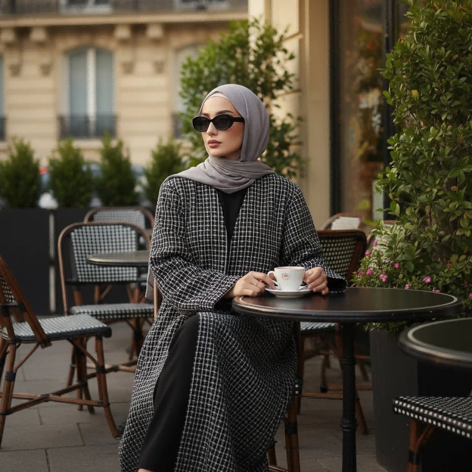 Classic Black White Cocoon Plaid Tweed Open Abaya Coat (MOA096), view 2