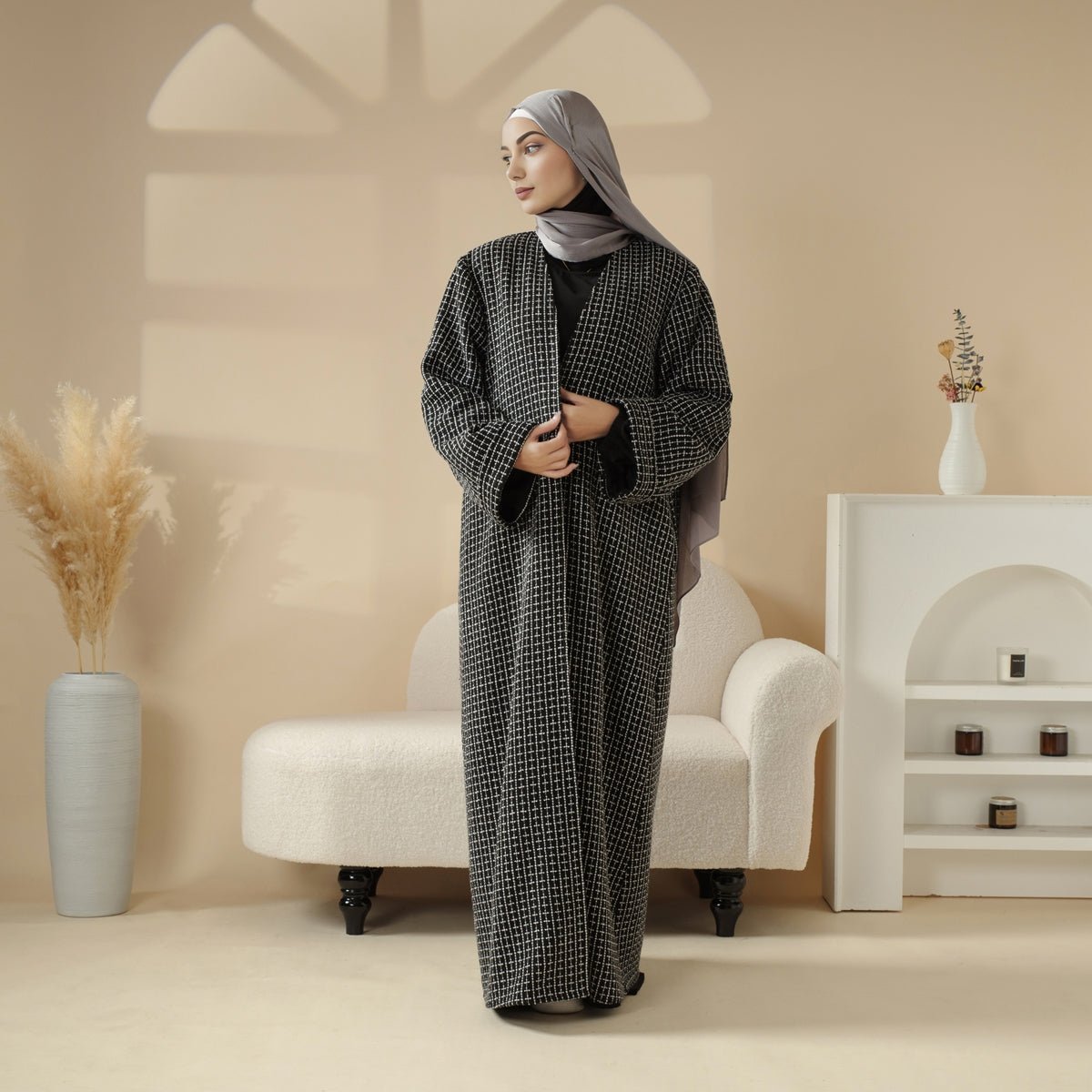 Classic Black White Cocoon Plaid Tweed Open Abaya Coat (MOA096), view 4