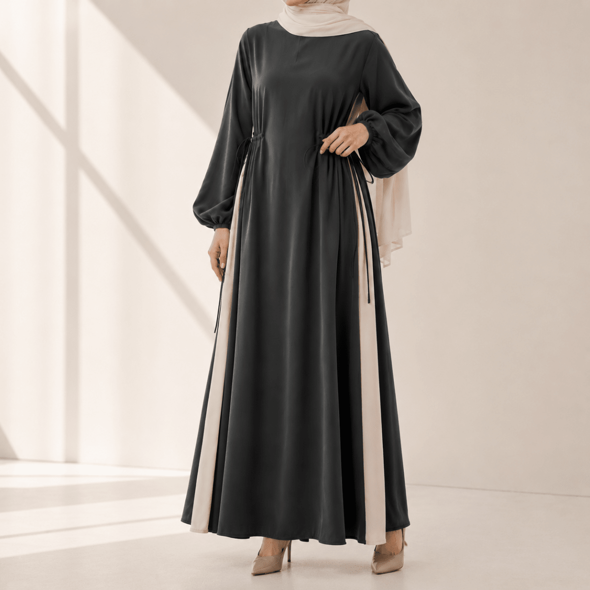Contrast Panel  Abaya with Drawstring Detail & Balloon Sleeves(MA421), view 2