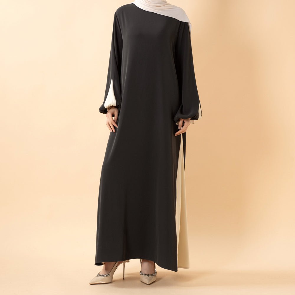 Contrast Panel  Abaya with Drawstring Detail & Balloon Sleeves(MA421), view 3