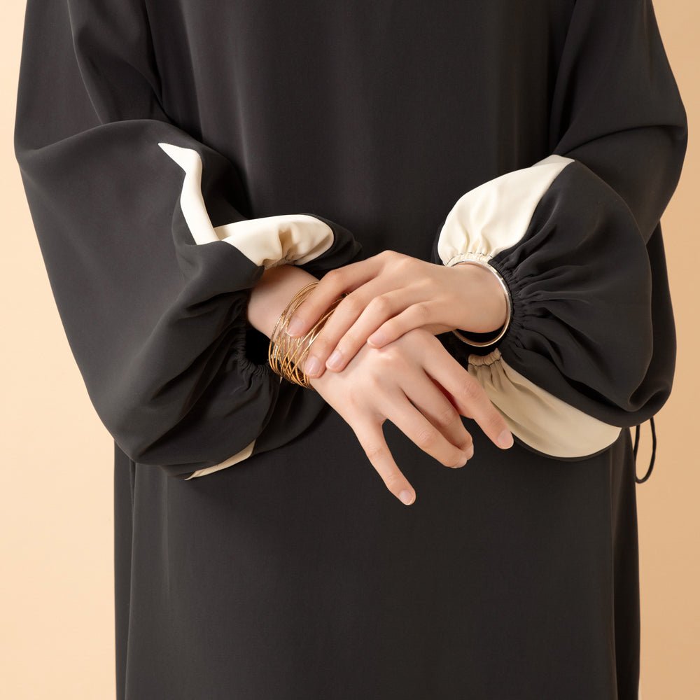 Contrast Panel  Abaya with Drawstring Detail & Balloon Sleeves(MA421), view 7