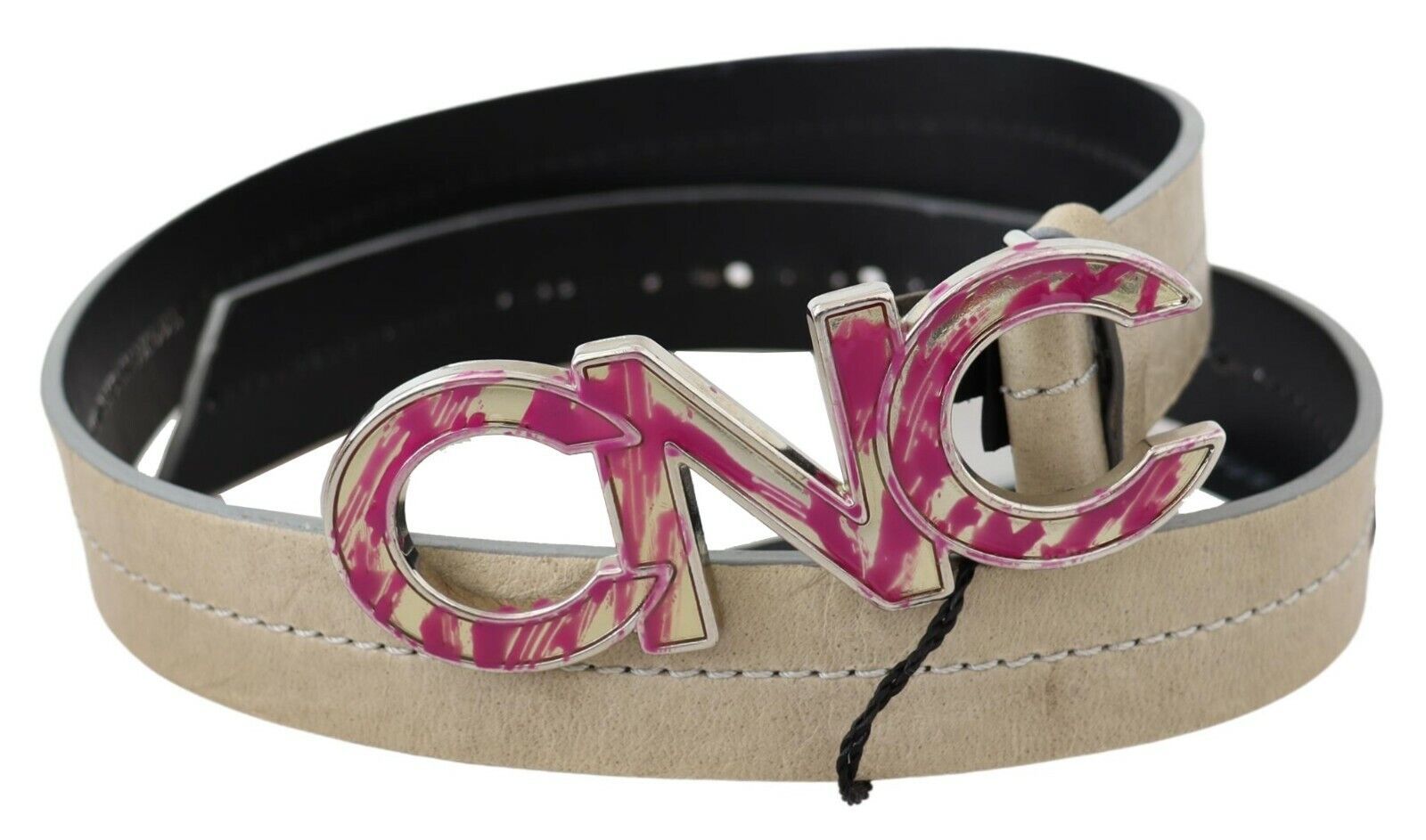 Costume National Leather with Logo Buckle Belt — Beige, view 3