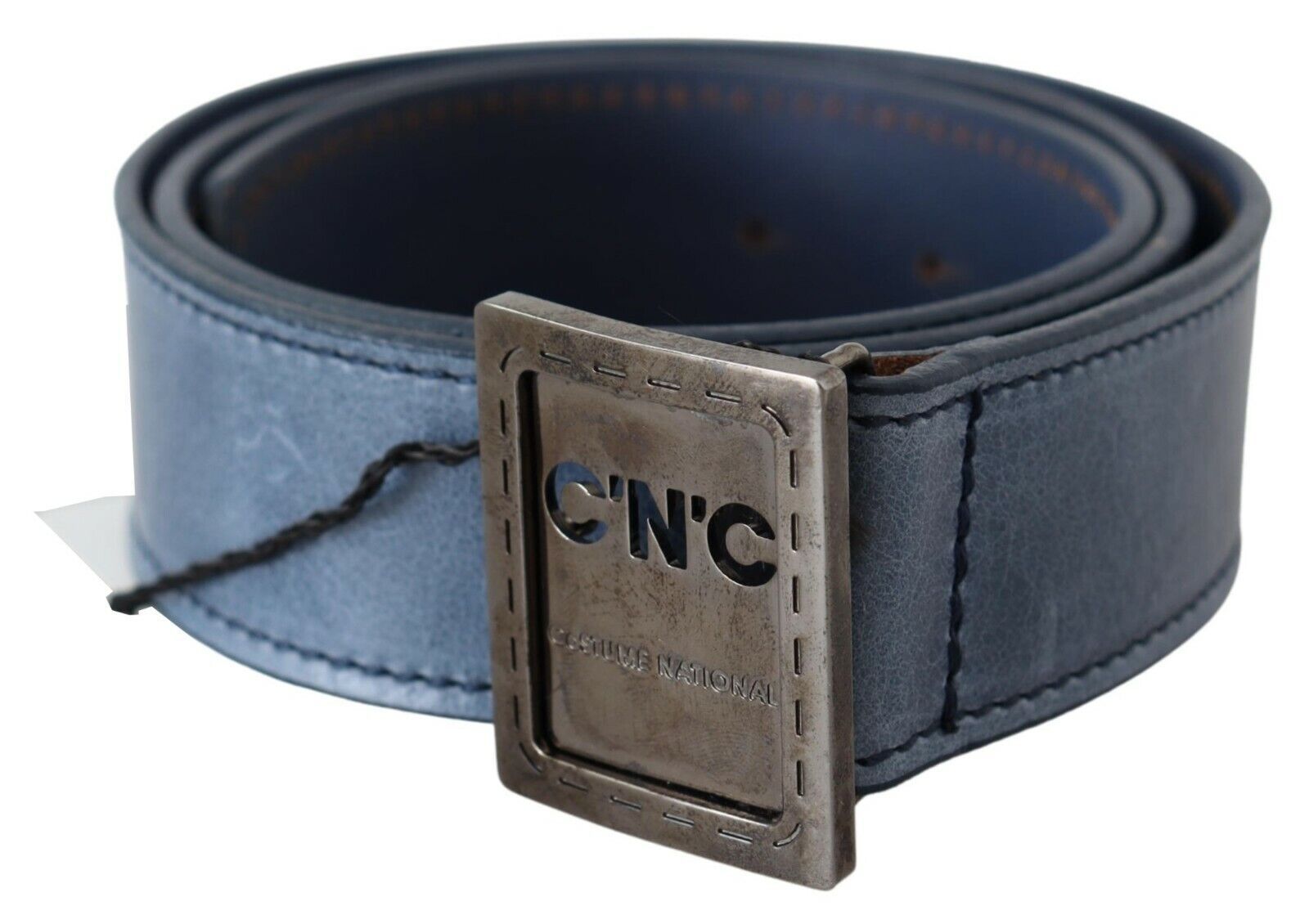 Costume National Logo Buckle Leather Belt — Blue, view 2