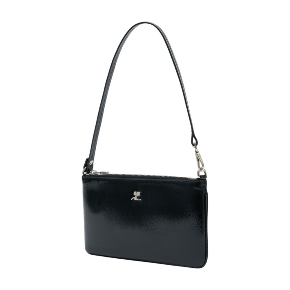 Courrèges Glossy Calfskin Leather Shoulder Bag — Black, view 2