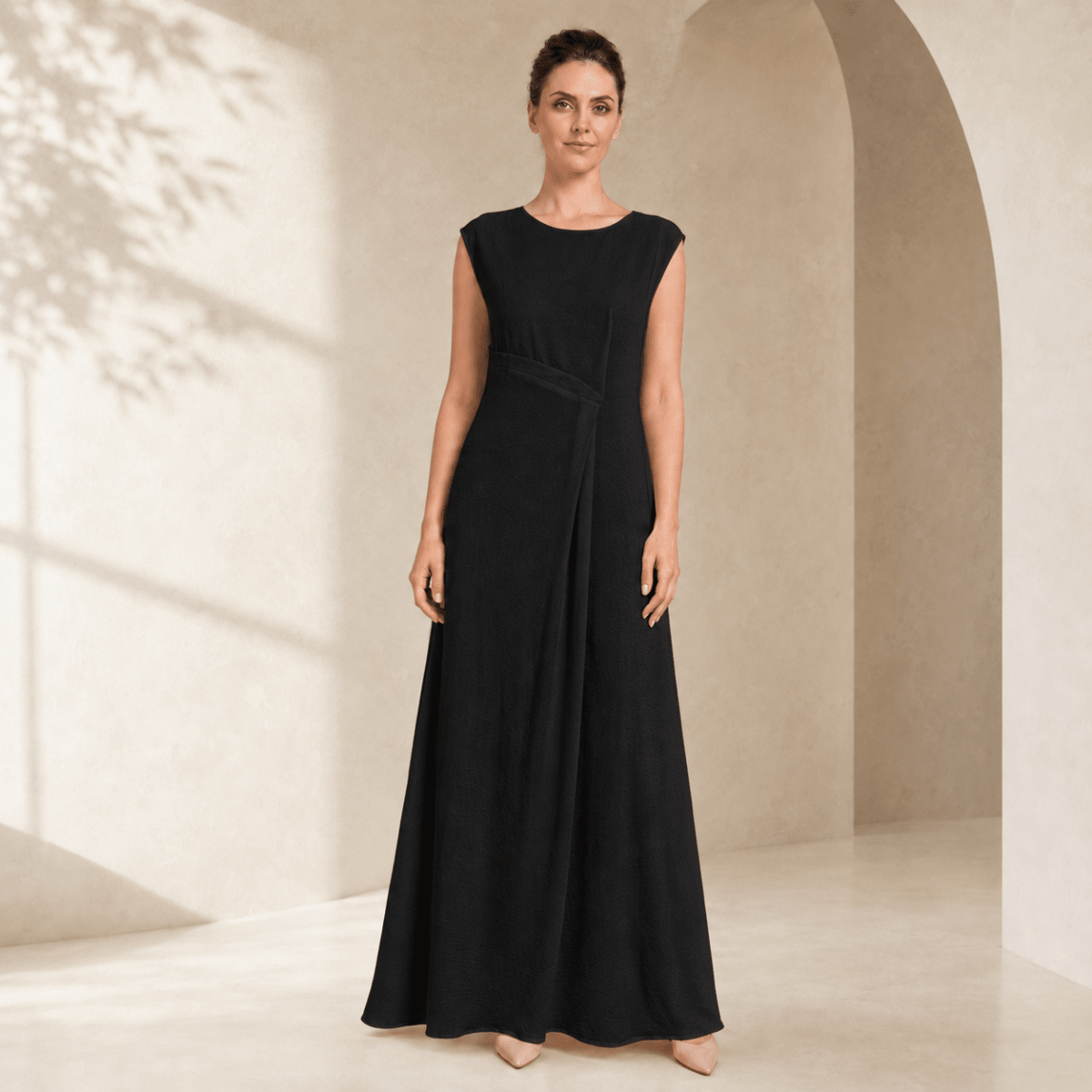 Crepe Sleeveless Maxi Dress with Waist Pleat & Back Zip(MS436), view 2