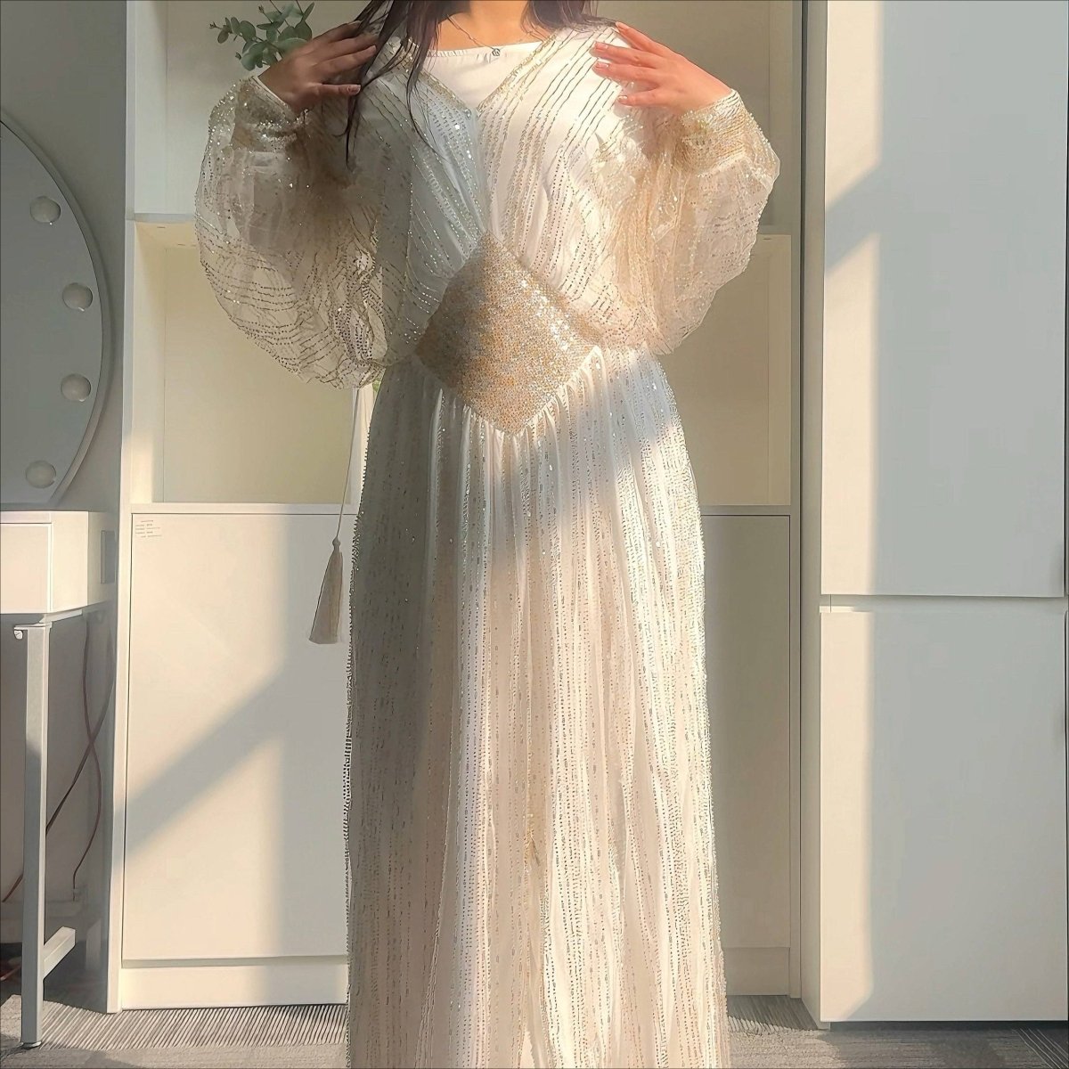 Crystal-Embellished Elegant Abaya with Defined Waist Silhouette (MA391), view 7