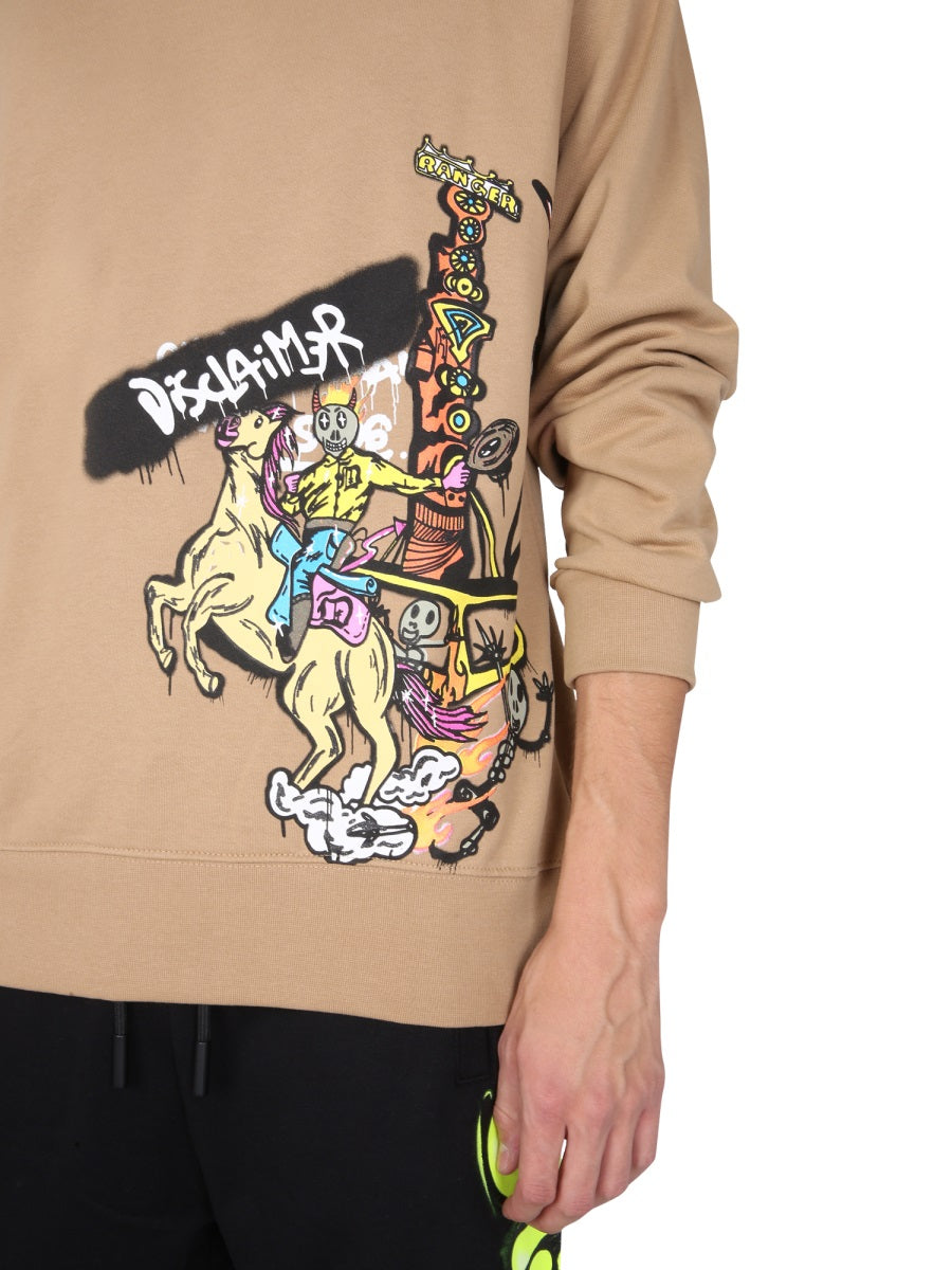 Disclaimer Crew Neck Cotton Sweatshirt — Brown, view 3