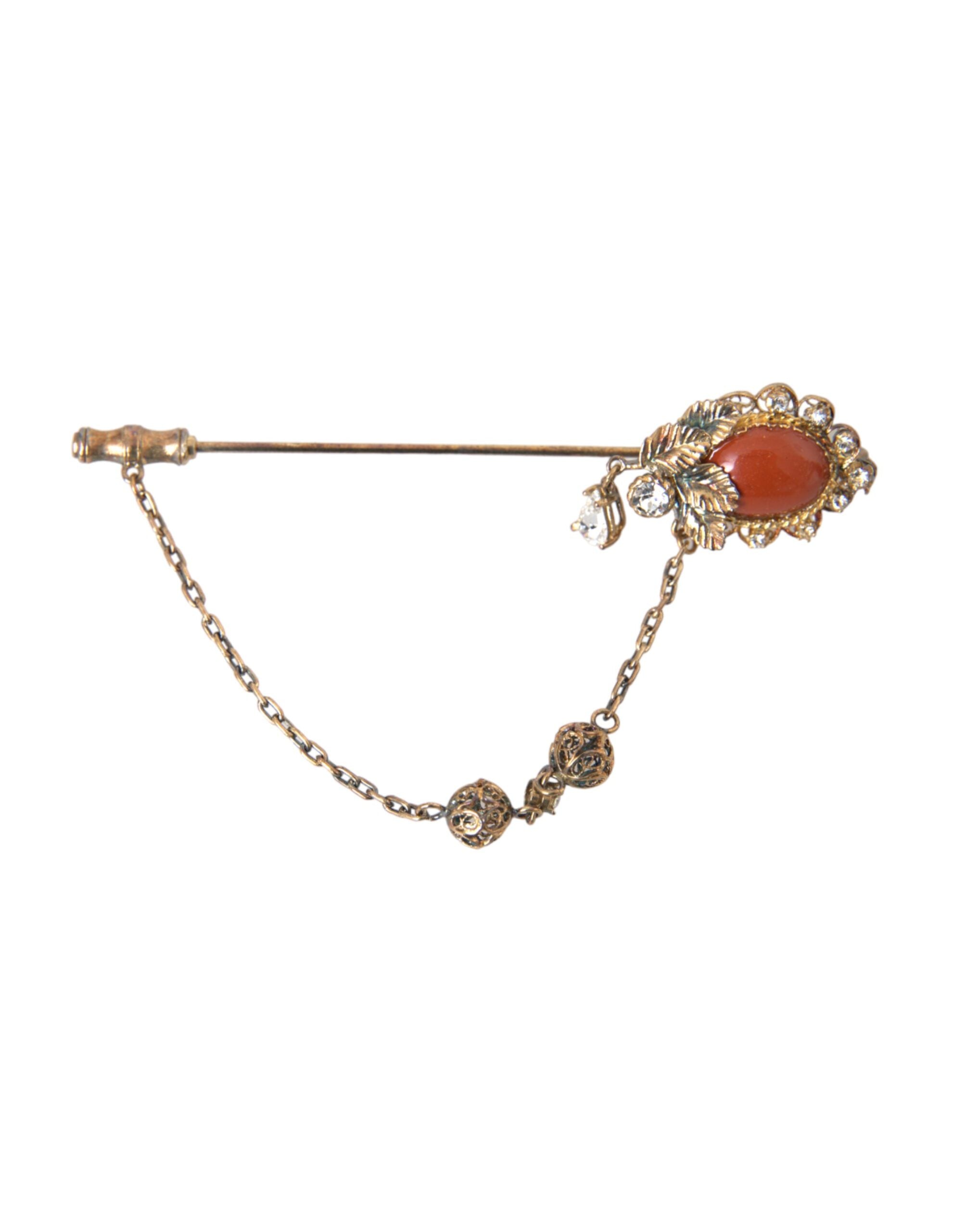 Dolce & Gabbana Crystal-Embellished Gold Chain Brooch Pin — Gold, view 2