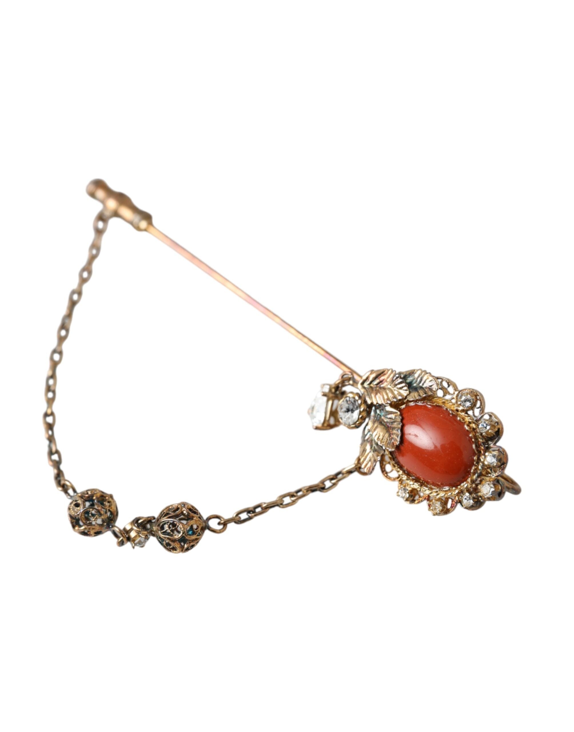 Dolce & Gabbana Crystal-Embellished Gold Chain Brooch Pin — Gold, view 3