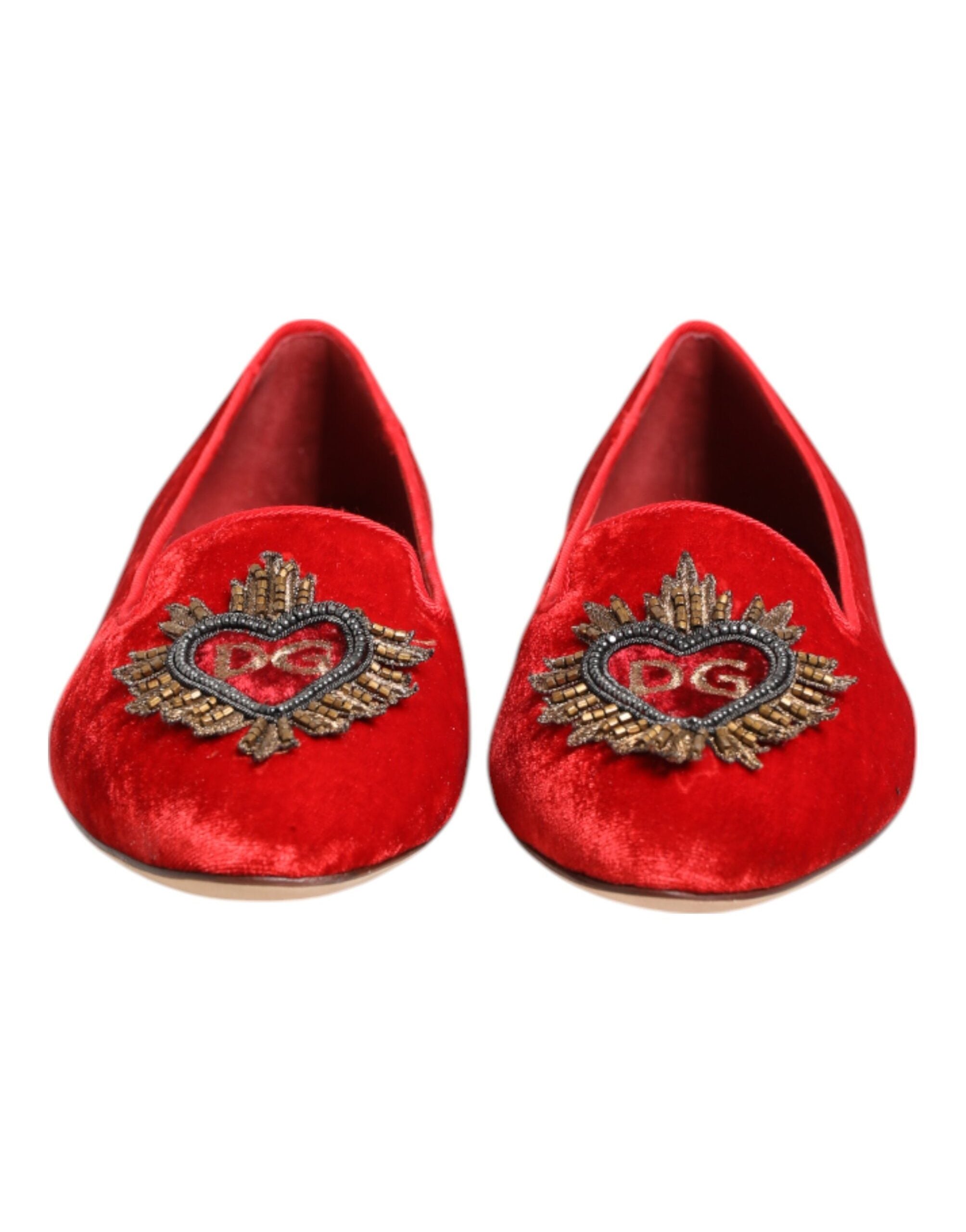 Dolce & Gabbana Velvet Heart-Embellished Flat — Red by Dolce Gabbana