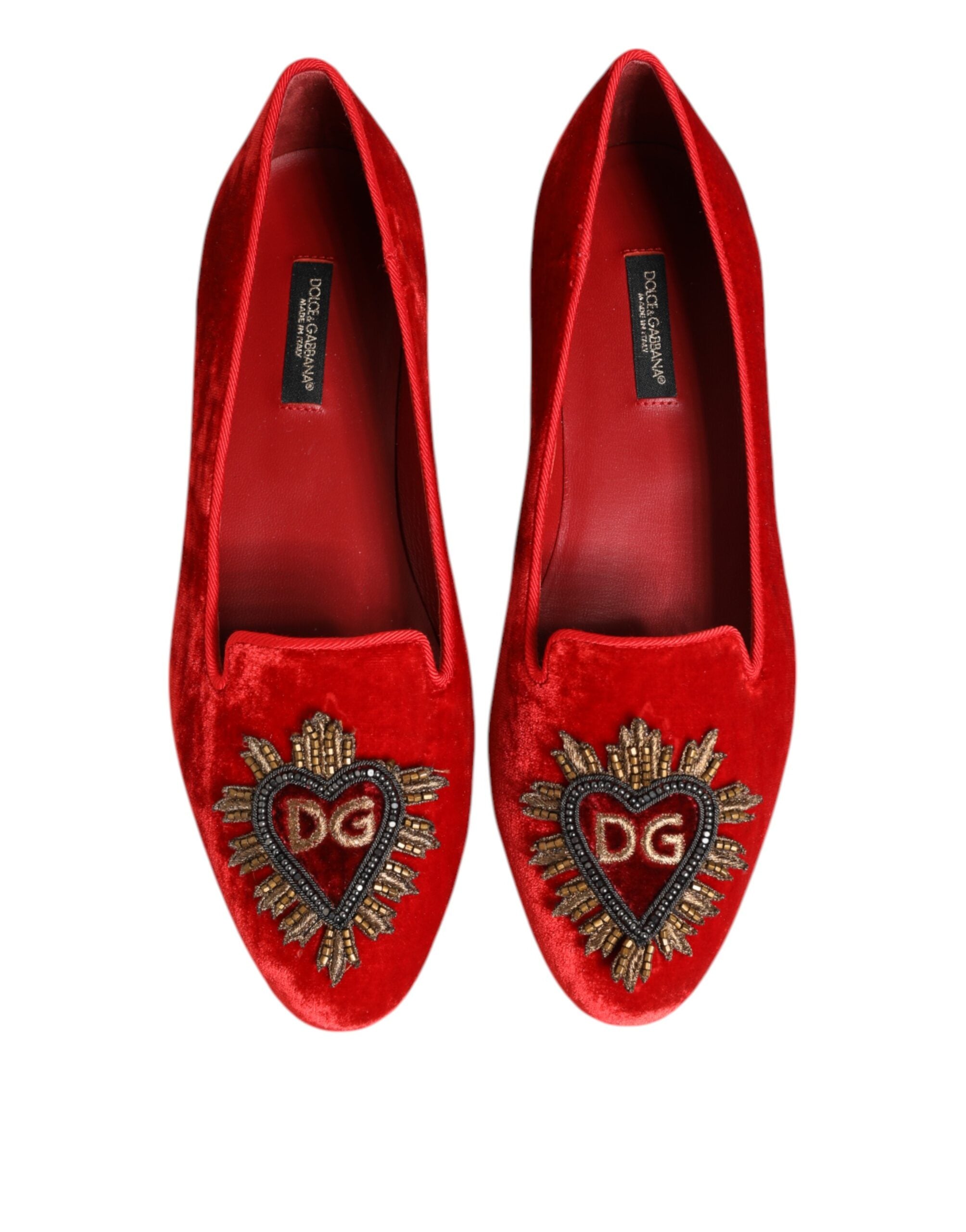 Dolce & Gabbana Velvet Heart-Embellished Flat — Red, view 2