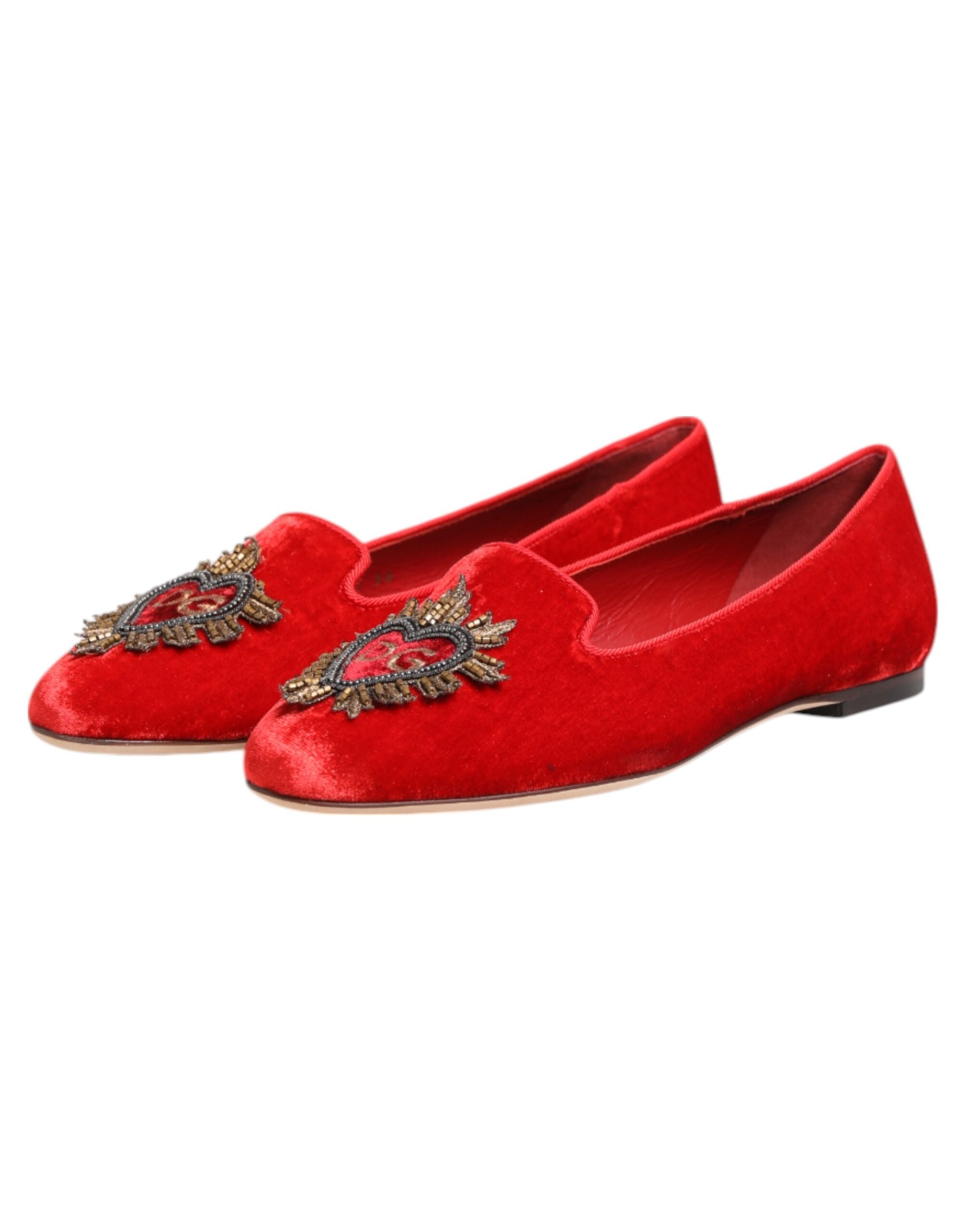 Dolce & Gabbana Velvet Heart-Embellished Flat — Red, view 3