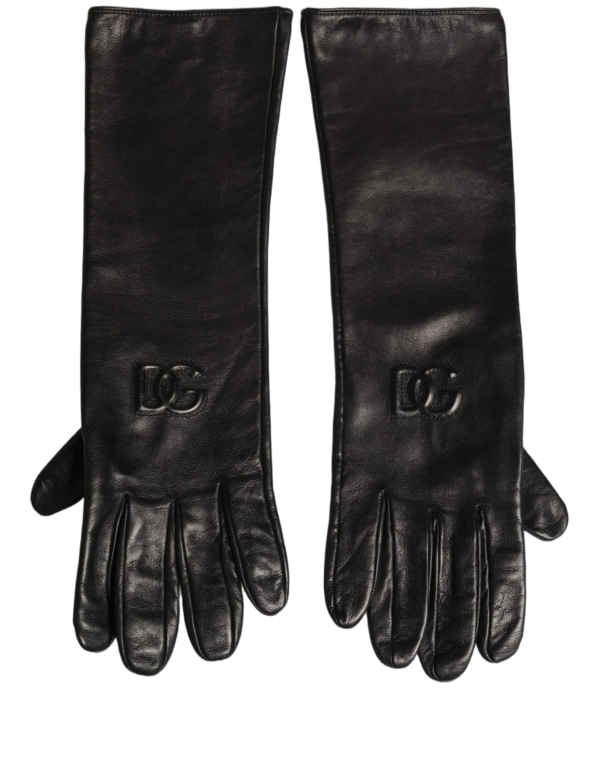 Dolce & Gabbana Embossed DG Logo Leather Gloves — Black, view 2