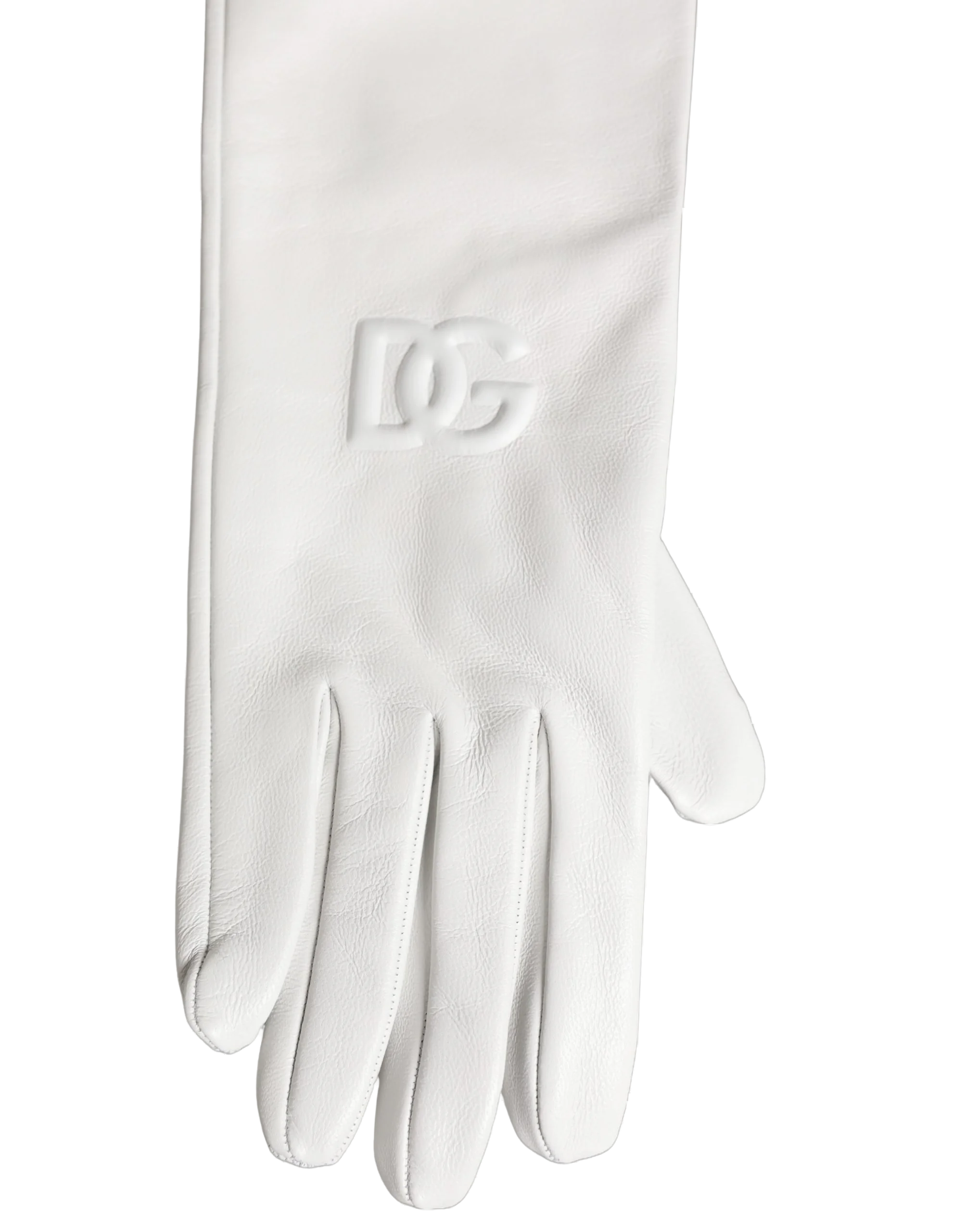 Dolce & Gabbana Embossed Logo Leather Gloves — White, view 3